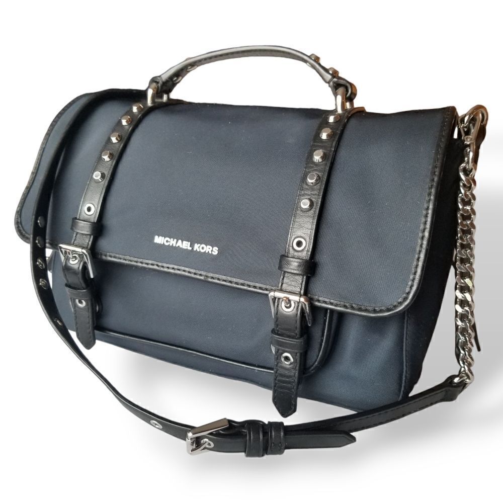 ⭐️ Michael Kors Leila Flap Nylon Messenger Crossbody Bag Black/Silver